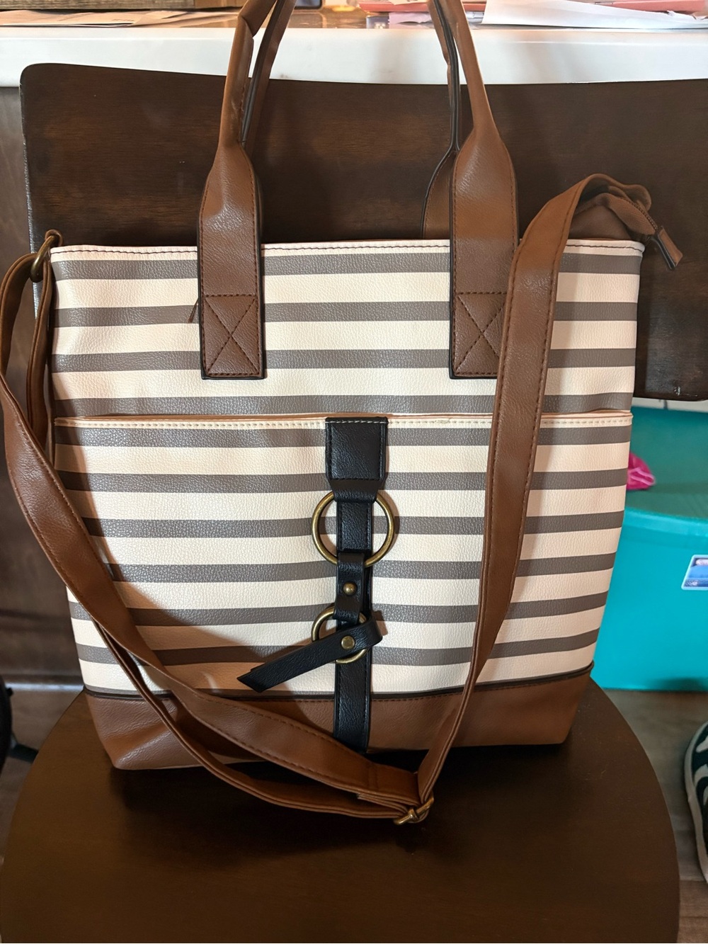 Striped Canvas Tote with Brown Trim and Gold Ring Detail